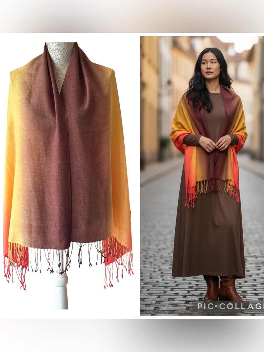 100% Pashmina Brown Yellow Orange Fall Ombré Fringe Scarf OS